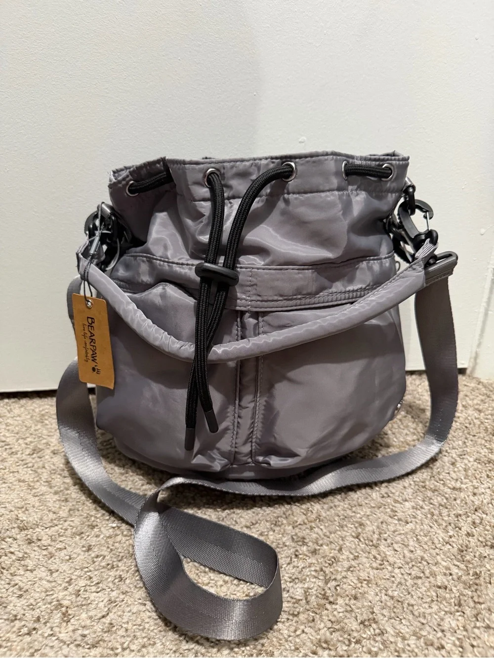 NWT Bearpaw Grey Drawstring Crossbody Bag